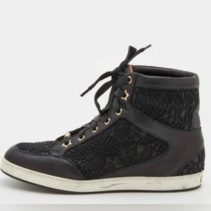 Authentic Jimmy Choo Black Lace and Leather Tokyo High Top Sneakers